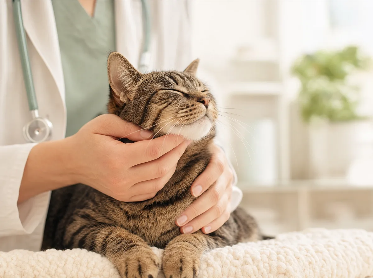 Veterinárka jemne vyšetruje spokojnú mačku